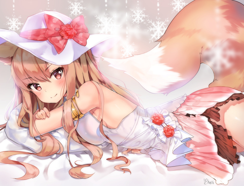 &gt;:) 1girl animal_ears armlet artist_name bangs bare_arms bare_shoulders bed_sheet blush bow breast_press breasts character_request cheli_(kso1564) closed_mouth eyebrows_visible_through_hair fox_ears fox_tail hair_bow hat kitsune layered_skirt long_hair looking_at_viewer looking_to_the_side mabinogi medium_breasts orange_hair pillow pink_skirt red_bow red_eyes shirt sideboob skirt sleeveless sleeveless_shirt snowflake_background sun_hat tail very_long_hair white_shirt