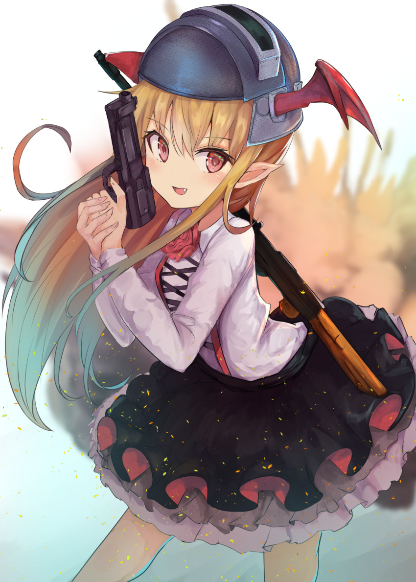1girl :d ak-47 assault_rifle bangs bat_wings black_skirt blonde_hair blush collared_shirt commentary_request eyebrows_visible_through_hair fang flower granblue_fantasy gun hair_between_eyes handgun head_wings highres holding holding_gun holding_weapon long_hair long_sleeves looking_at_viewer marisayaka mask mask_on_head open_mouth pistol playerunknown's_battlegrounds pointy_ears red_eyes red_rose red_wings rifle rose shingeki_no_bahamut shirt skirt smile solo v-shaped_eyebrows vampy very_long_hair weapon weapon_on_back weapon_request welding_mask white_background white_shirt wings