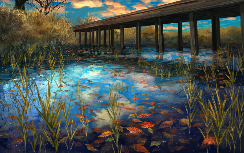 autumn_leaves bare_tree blue_sky bridge clouds cloudy_sky day grass no_humans original outdoors pippi_(pixiv_1922055) reflection river scenery sky tree water_surface