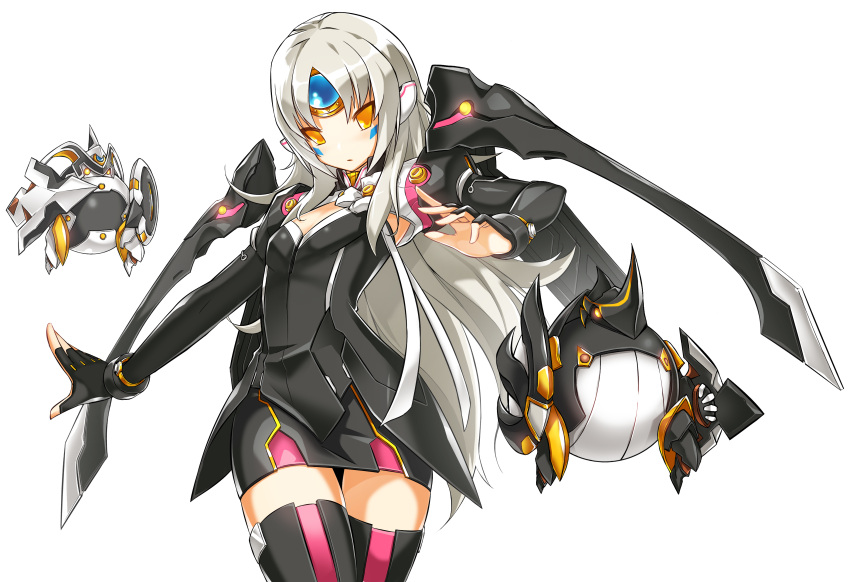 1girl absurdres black_legwear black_skirt bow closed_mouth code:_nemesis_(elsword) cowboy_shot elsword eve_(elsword) expressionless forehead_jewel highres long_hair looking_at_viewer miniskirt official_art ress robot skirt solo thigh-highs white_bow white_hair yellow_eyes zettai_ryouiki