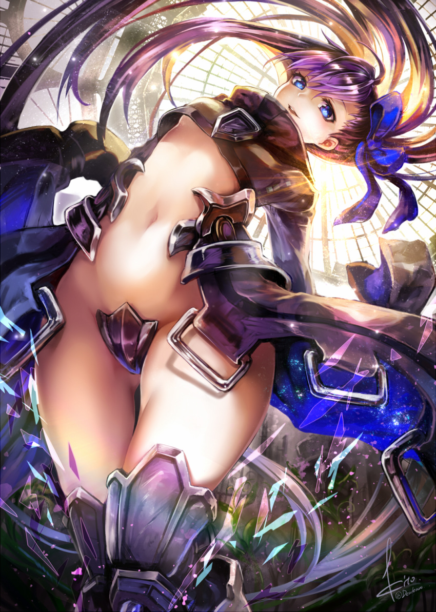 1girl ahoge blue_eyes blue_ribbon breasts cowboy_shot cropped_jacket crotch_plate diffraction_spikes fate/grand_order fate_(series) fisheye floating_hair groin hair_between_eyes hair_ribbon high_collar highres koruta_(nekoimo) leaning_back leaning_to_the_side leg_armor light_smile long_hair long_sleeves looking_at_viewer meltlilith navel parted_lips purple_hair revealing_clothes ribbon shards signature small_breasts solo sparkle sun thigh_gap under_boob upshirt very_long_hair
