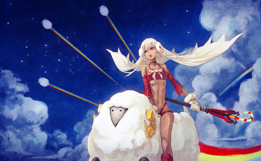 1girl a-er_(akkij0358) altera_(fate) altera_the_santa bare_shoulders blue_sky boots bra choker christmas clouds cloudy_sky earmuffs fate/grand_order fate_(series) headband highres holding open_mouth outdoors panties rainbow red_bra red_choker red_eyes red_footwear red_panties riding sheep short_hair silver_hair sitting sky solo star_(sky) starry_sky tattoo underwear veil