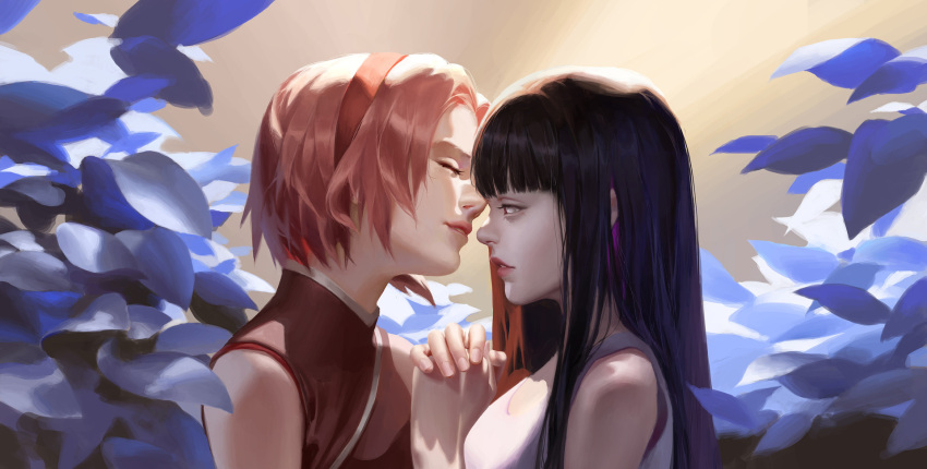 2girls bangs black_hair blunt_bangs breasts closed_eyes couple face-to-face forehead from_side hairband hand_holding haruno_sakura head_tilt highres hyuuga_hinata imminent_kiss interlocked_fingers long_hair looking_at_another medium_breasts multiple_girls naruto no_bangs nose open_eyes parted_lips pink_hair red_hairband shiny shiny_hair shirt short_hair sleeveless sleeveless_shirt upper_body y_xun yuri