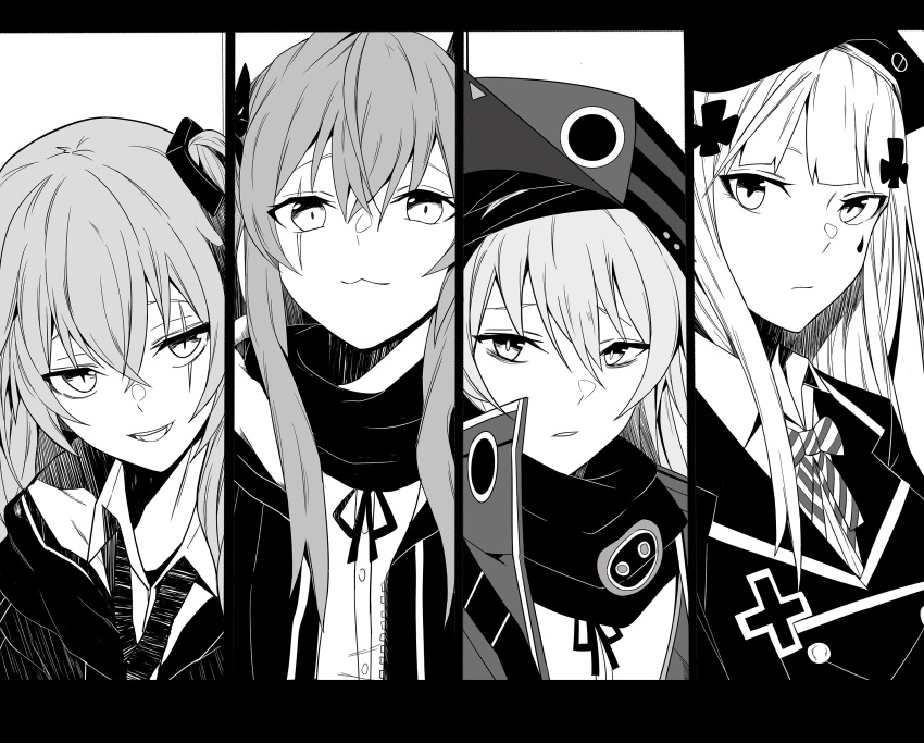 404_(girls_frontline) 4girls :3 absurdres armband bags_under_eyes bangs beret blunt_bangs bow breasts closed_mouth collared_jacket collared_shirt column_lineup cross crossed_bangs expressionless g11_(girls_frontline) girls_frontline hair_between_eyes hair_ornament hairclip hat heckler_&amp;_koch highres hk416_(girls_frontline) jacket long_hair looking_at_viewer makeup multiple_girls necktie open_clothes open_jacket open_mouth parted_lips ribbon scar scar_across_eye scarf shirt side_ponytail sidelocks smile tareme teardrop tired tsurime twintails ump45_(girls_frontline) ump9_(girls_frontline) unzipped ururu very_long_hair