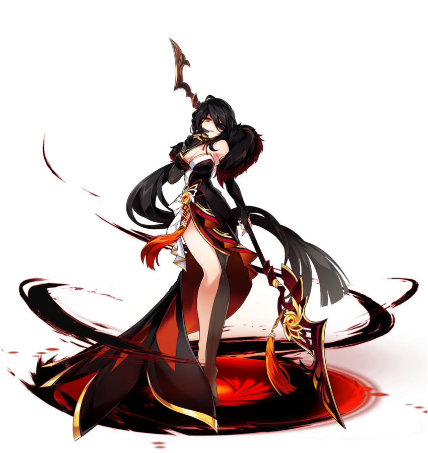 1girl ara_han artist_request asymmetrical_clothes black_dress black_gloves black_hair breasts cleavage dress elbow_gloves elsword evil_smile feather_boa full_body gem gloves holding holding_spear holding_weapon large_breasts legs long_hair looking_at_viewer official_art orange_eyes polearm side_slit smile solo spear standing tassel weapon