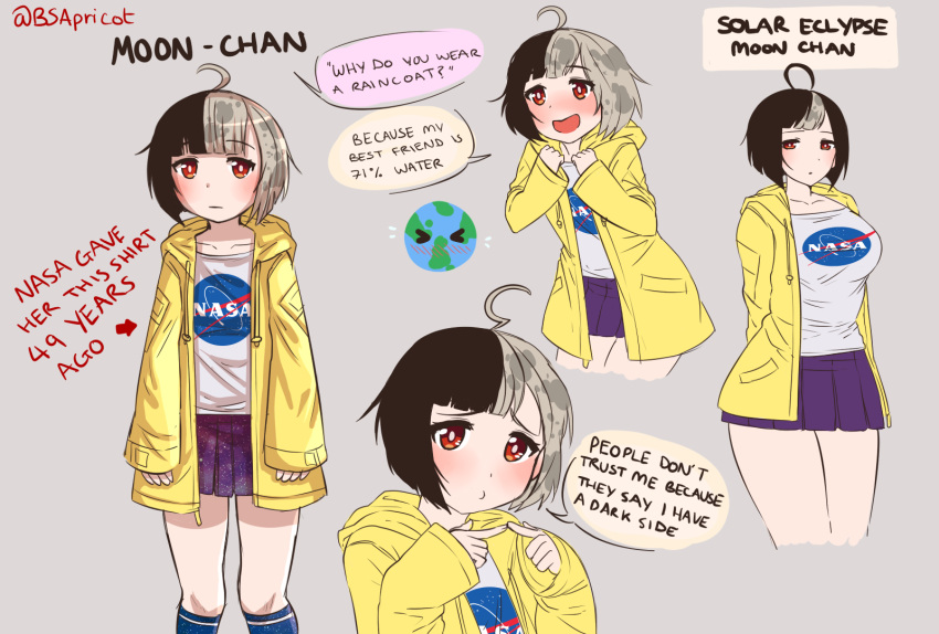 1girl age_progression ahoge alternate_breast_size blush breast_expansion breasts danielle_brindle earth english highres large_breasts moon-chan multicolored_hair nasa original raincoat short_hair small_breasts speech_bubble two-tone_hair