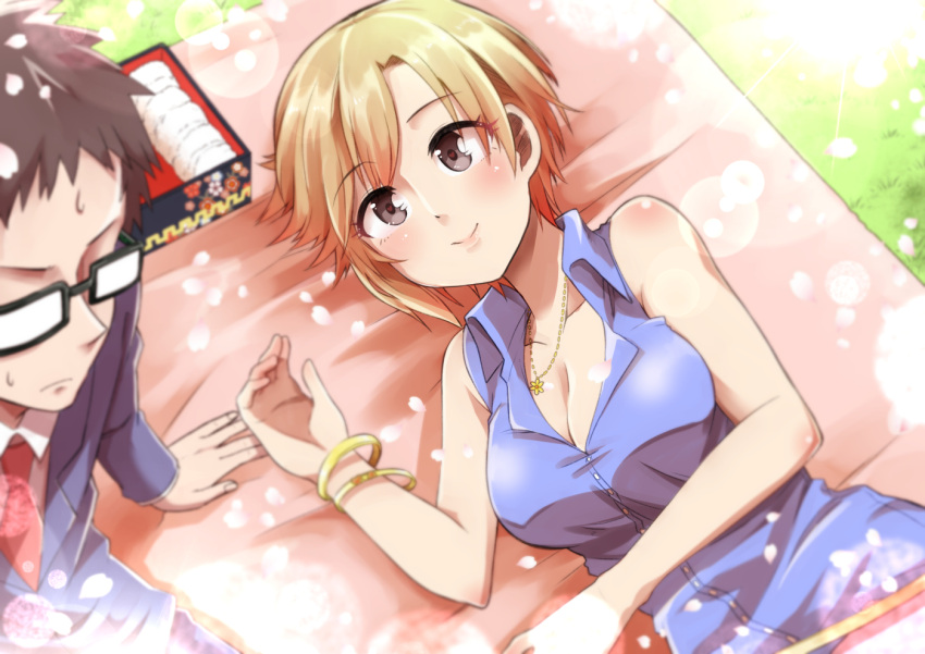 1boy 1girl aiba_yumi bangle blonde_hair blurry blush bracelet breasts brown_eyes cherry_blossoms cleavage depth_of_field eyebrows_visible_through_hair food glasses idolmaster idolmaster_cinderella_girls ishii_takuma jewelry large_breasts looking_at_another looking_at_viewer lying necklace necktie obentou on_side onigiri short_hair smile solo