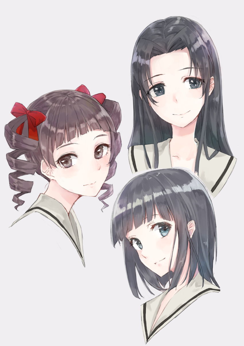 3girls bangs black_eyes black_hair blue_eyes blunt_bangs blush bow brown_eyes brown_hair closed_mouth commentary_request drill_hair grey_background hair_bow head_tilt highres kobutakurassyu light_smile long_hair looking_at_viewer looking_to_the_side maria-sama_ga_miteru multiple_girls parted_bangs portrait red_bow sailor_collar school_uniform serafuku short_hair simple_background smile twin_drills white_sailor_collar