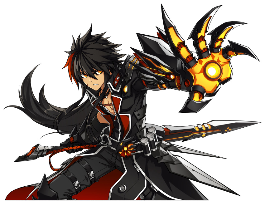 1boy absurdres artist_request belt black_coat black_gloves black_hair black_pants claws clenched_teeth cowboy_shot elsword fighting_stance gloves highres holding holding_sword holding_weapon jewelry long_hair looking_at_viewer male_focus mechanical_arm multicolored_hair necklace official_art orange_eyes outstretched_hand pants raven_(elsword) redhead reverse_grip scar solo streaked_hair sword teeth two-tone_hair veteran_commander_(elsword) weapon