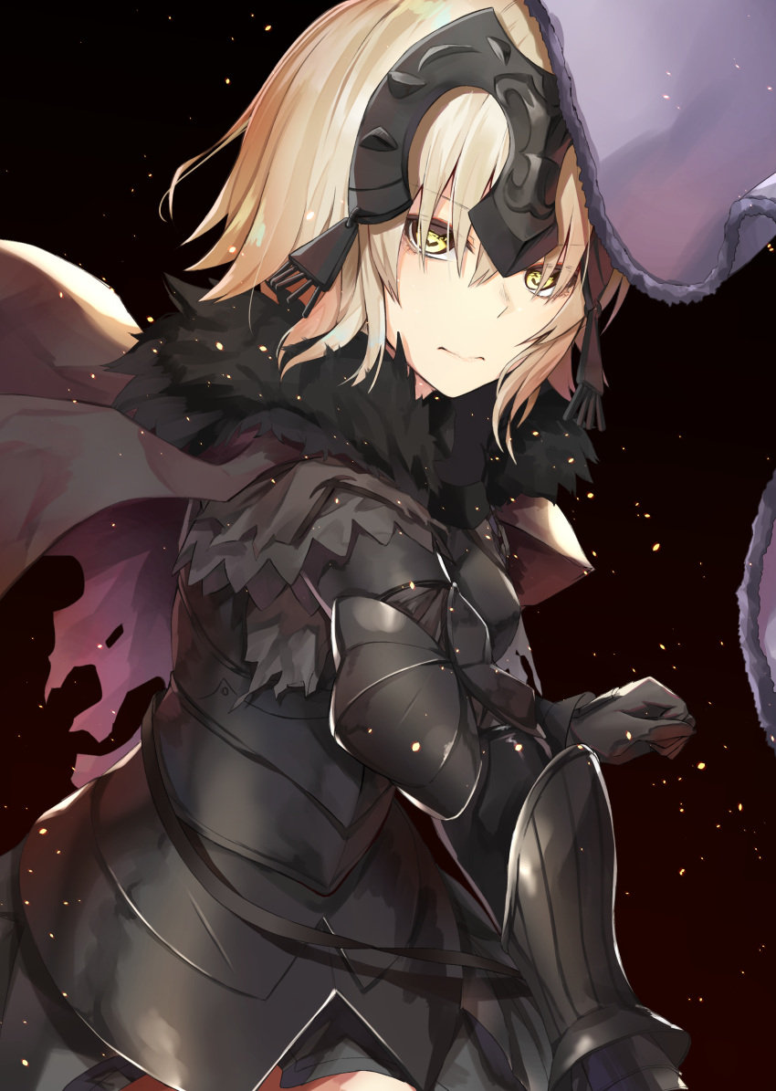 1girl absurdres ahoge armor armored_dress bangs banner black_cola blonde_hair breasts cape capelet clenched_hand closed_mouth expressionless eyebrows_visible_through_hair fate/grand_order fate_(series) flag flagpole fur-trimmed_cape fur-trimmed_flag fur_trim gauntlets gloves gradient gradient_background headpiece highres holding_flag jeanne_d'arc_(alter)_(fate) jeanne_d'arc_(fate)_(all) large_breasts light_particles long_hair looking_at_viewer short_hair sidelocks simple_background solo sparkle thighs torn_cape upper_body wind yellow_eyes