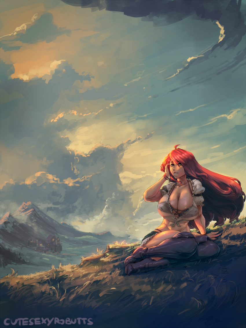 1girl ahoge arm_up black_bra blue_eyes boots bra breasts brown_legwear cleavage clouds cloudy_sky grass highres hips huge_breasts light_smile long_hair looking_up mountain original redhead robutts sitting sky solo thigh-highs thighs town underwear very_long_hair
