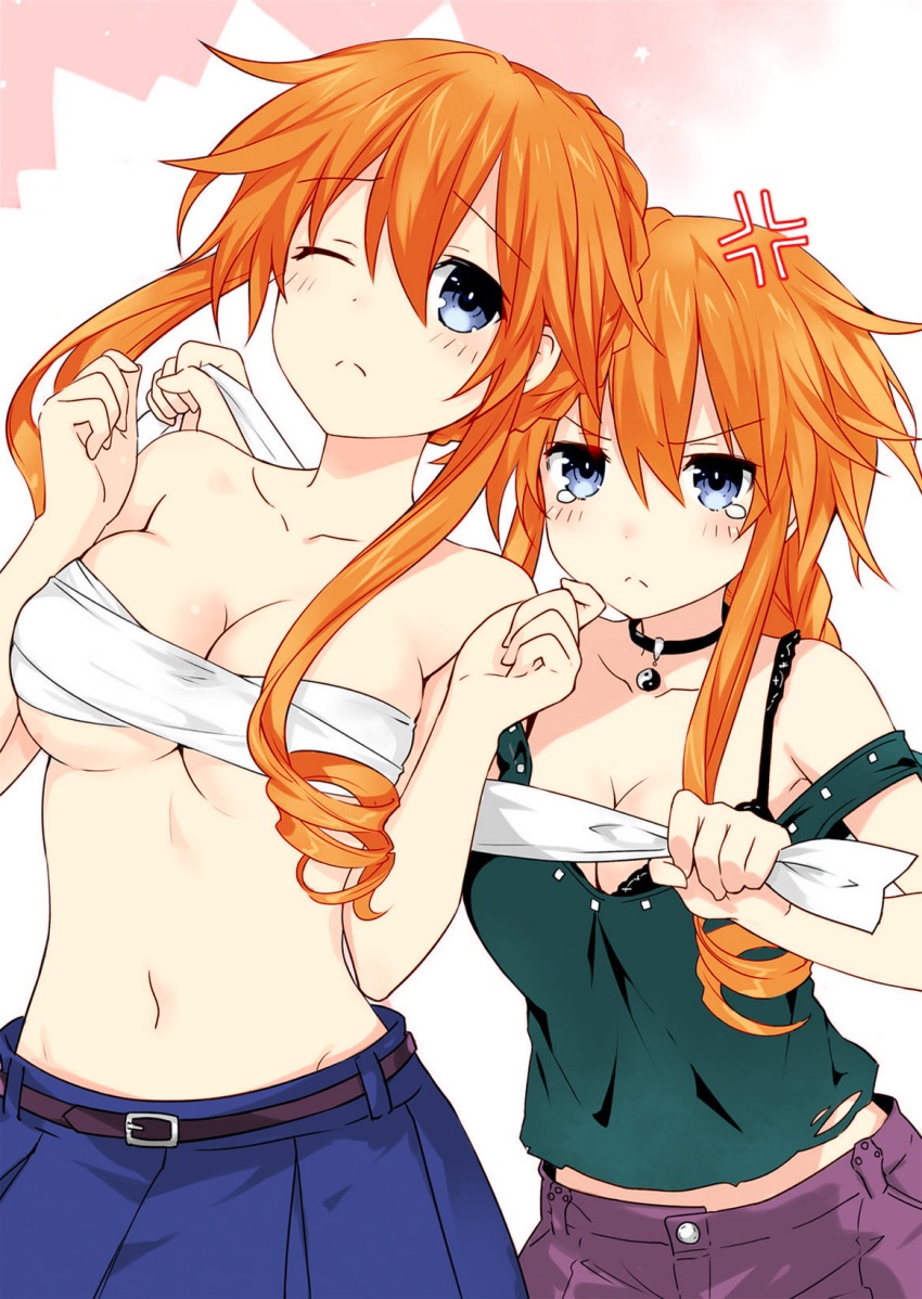 angry breasts covering covering_breasts date_a_live highres incest large_breasts long_hair orange_eyes orange_hair siblings tearing_up tsunako twincest twins yamai_kaguya yamai_yuzuru