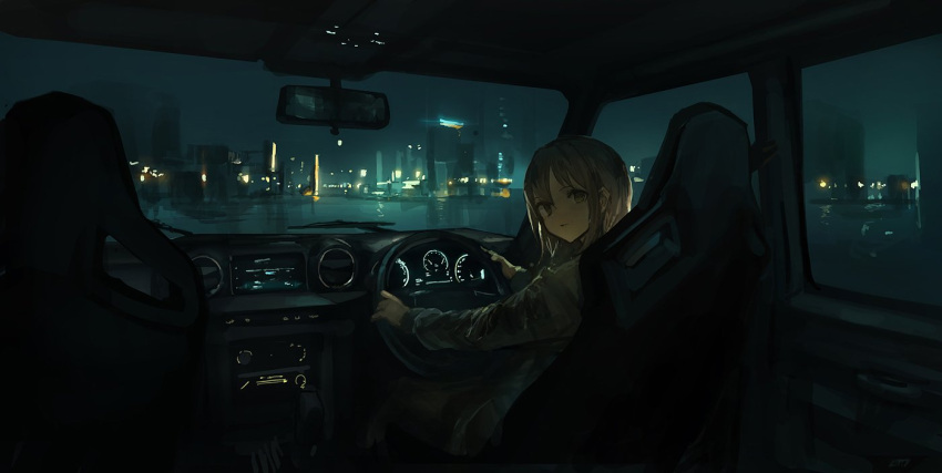 1girl blonde_hair car_interior city city_lights closed_mouth commentary_request jacket lm7_(op-center) long_sleeves looking_at_viewer looking_back night night_sky original short_hair sky skyline solo steering_wheel yellow_eyes