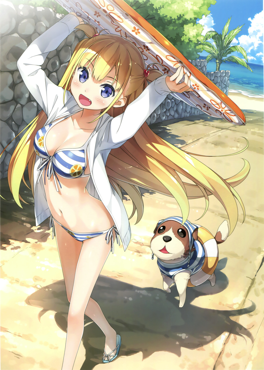 1girl :d absurdres alice_third_macy arms_up bare_legs beach bikini blue_eyes breasts cleavage day dog fang flip-flops front-tie_bikini front-tie_top highres innertube jacket kantoku koi_suru_kanojo_no_bukiyou_na_butai long_sleeves medium_breasts navel open_clothes open_jacket open_mouth outdoors sandals side-tie_bikini sleeves_past_wrists smile solo striped striped_bikini surfboard swimsuit two_side_up