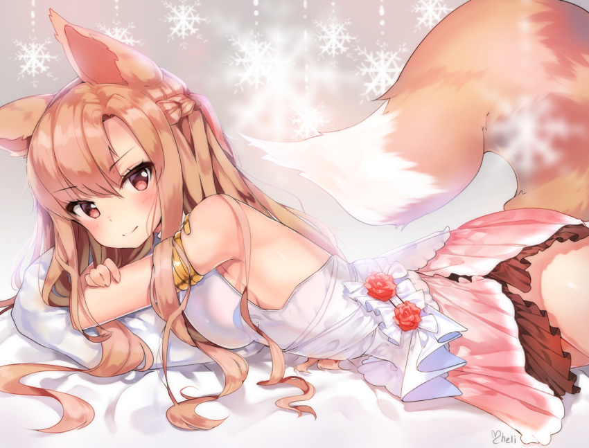 &gt;:) 1girl animal_ears armlet artist_name bangs bare_arms bare_shoulders bed_sheet blush breast_press breasts character_request cheli_(kso1564) closed_mouth eyebrows_visible_through_hair fox_ears fox_tail kitsune layered_skirt long_hair looking_at_viewer looking_to_the_side mabinogi medium_breasts orange_hair pillow pink_skirt red_eyes shirt sideboob skirt sleeveless sleeveless_shirt snowflake_background tail very_long_hair white_shirt