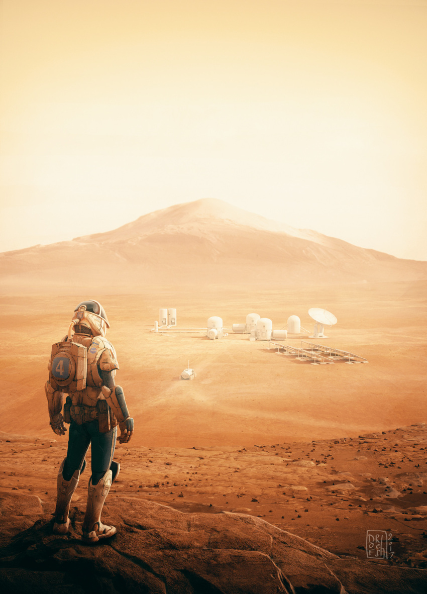 ambiguous_gender astronaut backpack bag boots commentary contrapposto dated dofresh facing_away from_behind gloves helmet highres landscape mars_(planet) mission_mars mountain outdoors pants radio_antenna satellite_dish science_fiction signature solo standing valley