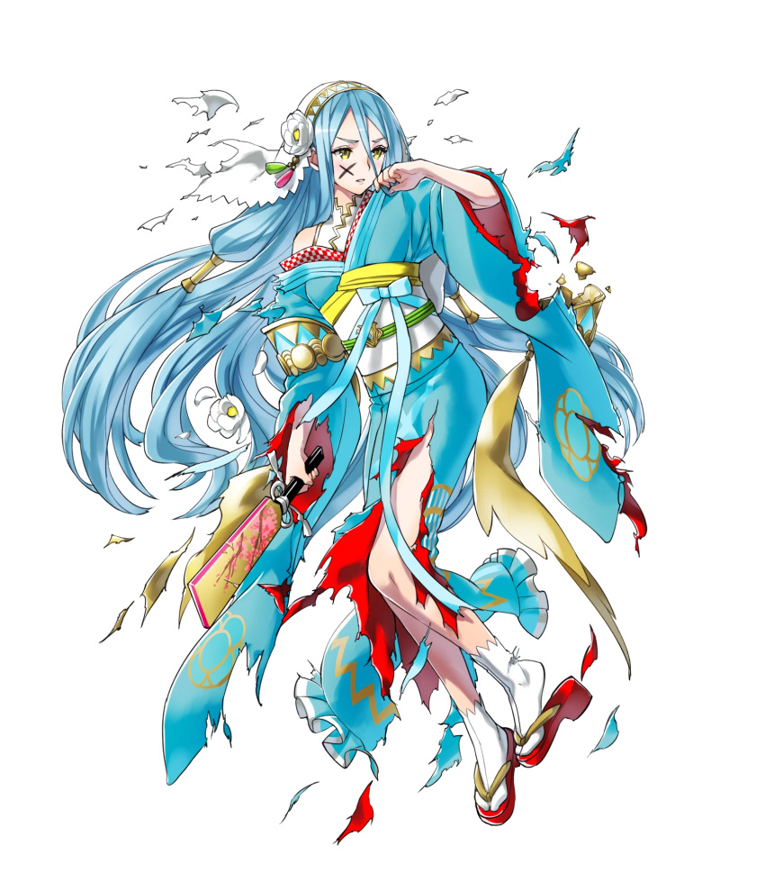 1girl aqua_(fire_emblem_if) bangs blue_hair facial_mark fire_emblem fire_emblem_heroes fire_emblem_if floral_print full_body hanetsuki highres holding japanese_clothes kaya8 kimono long_hair long_sleeves looking_at_viewer obi official_art paddle parted_lips sandals sash solo tabi torn_clothes transparent_background veil very_long_hair wide_sleeves