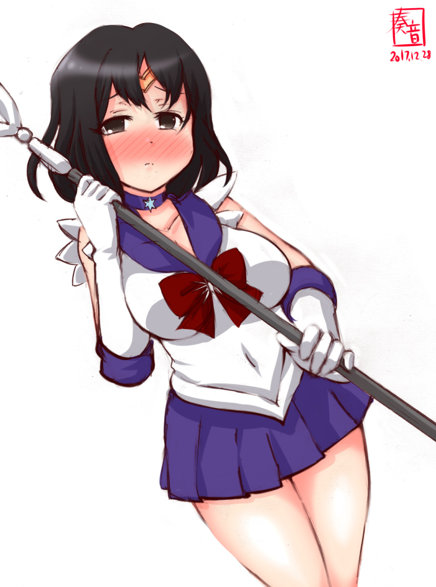 1girl alternate_costume bishoujo_senshi_sailor_moon black_hair blush bow breasts brown_eyes choker cleavage cosplay dated gloves haguro_(kantai_collection) highres holding holding_weapon kanon_(kurogane_knights) kantai_collection logo magical_girl pink_sailor_collar purple_sailor_collar purple_skirt red_bow sailor_collar sailor_saturn sailor_saturn_(cosplay) sailor_senshi sailor_senshi_uniform short_hair silence_glaive skirt solo star_choker weapon white_gloves