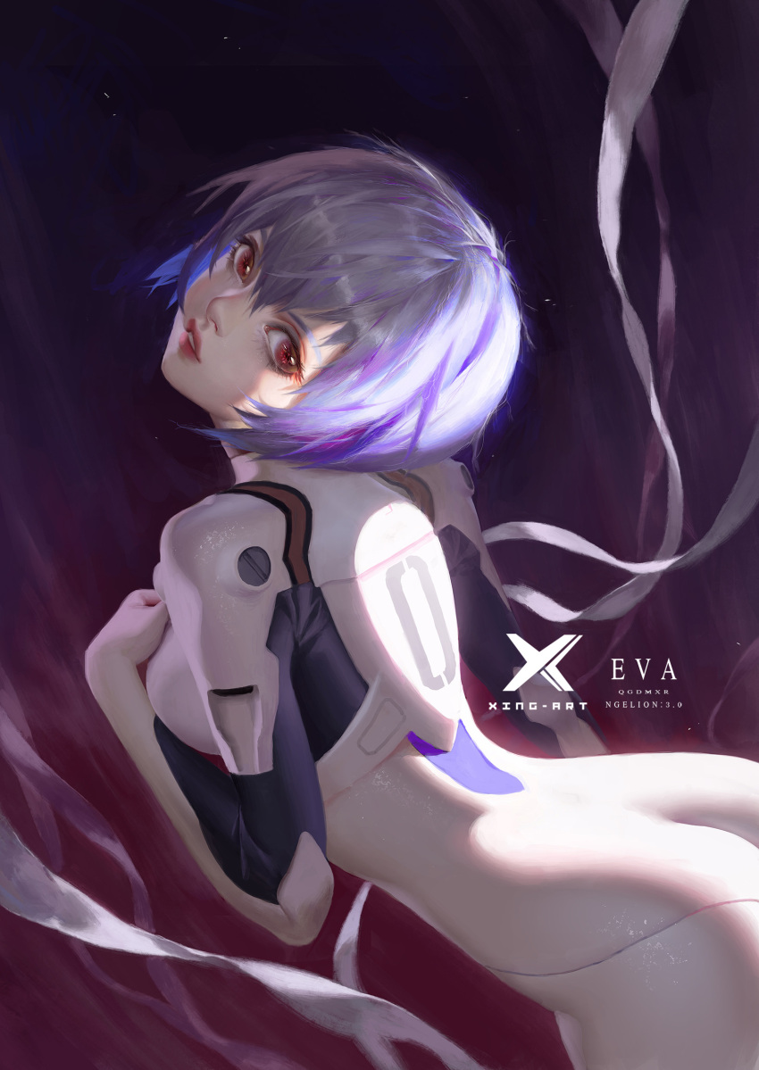 1girl ass ayanami_rei bangs blue_hair bodysuit breasts copyright_name evangelion:_3.0_you_can_(not)_redo eyelashes form_side hair_between_eyes highres impossible_bodysuit impossible_clothes lips looking_at_viewer medium_breasts neon_genesis_evangelion nose pale_skin parted_lips plugsuit rebuild_of_evangelion red_eyes red_lips ribbon shiny shiny_hair short_hair solo tagme white_bodysuit white_ribbon y_xun