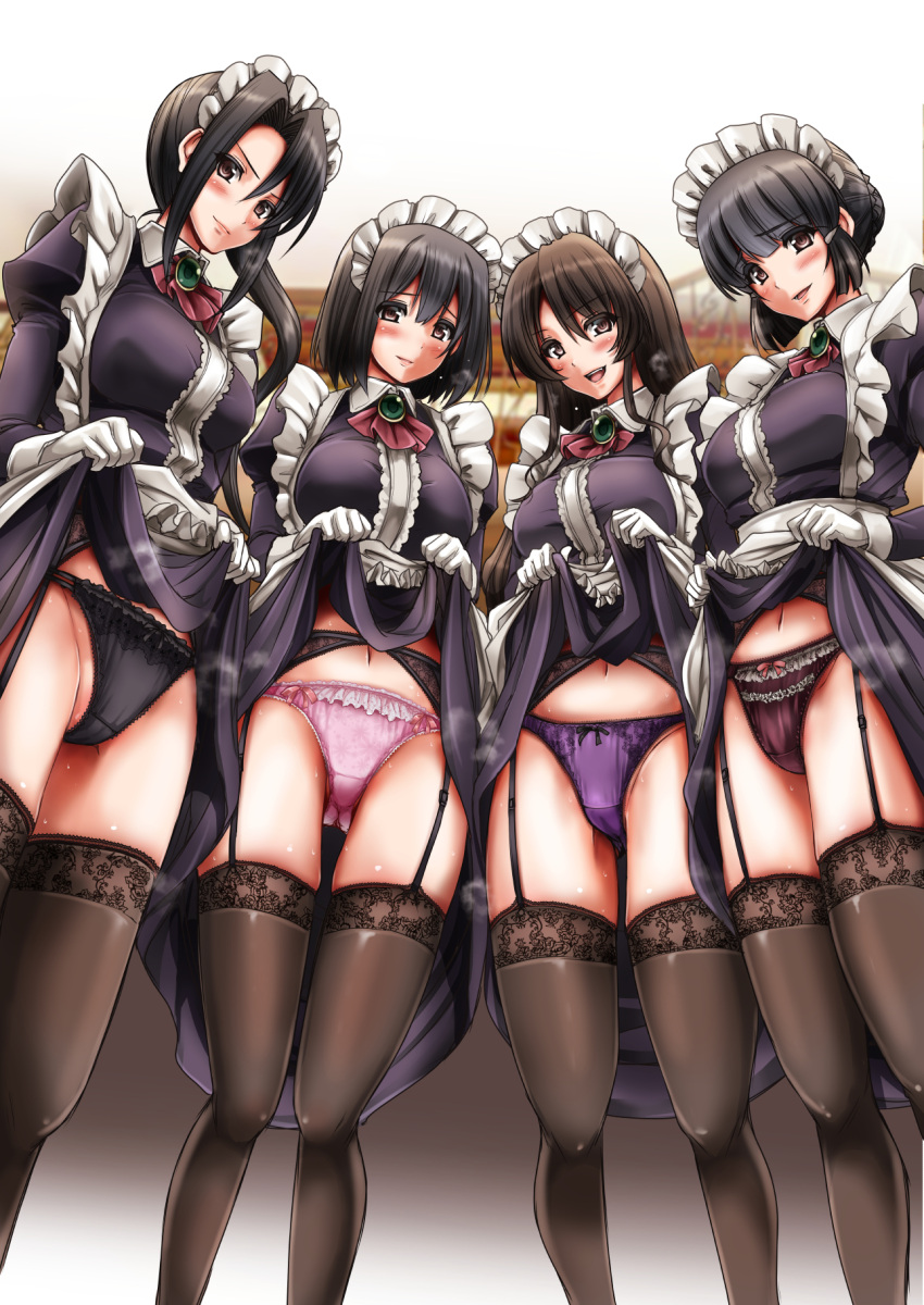 4girls absurdly_long_hair alternate_costume apron arekishi_raiho ascot ashigara_(kantai_collection) black_hair black_legwear breasts brooch brown_eyes brown_hair dress enmaided fangs frills garter_straps gloves haguro_(kantai_collection) hair_bun highres jewelry kantai_collection lifted_by_self long_hair long_sleeves maid maid_apron maid_headdress multiple_girls myoukou_(kantai_collection) nachi_(kantai_collection) open_mouth short_hair side_ponytail skirt skirt_lift smile thigh-highs very_long_hair wavy_hair white_gloves