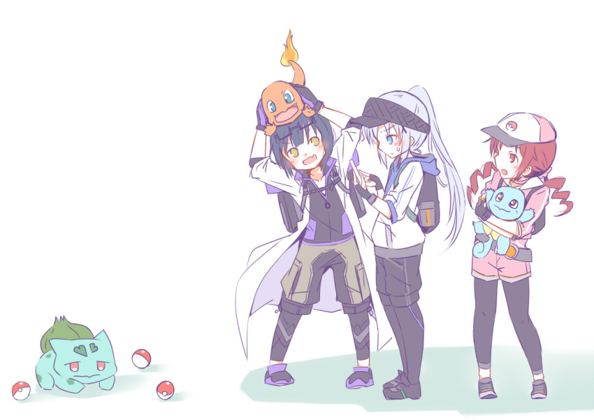 3girls :d backpack bag bangs baseball_cap beige_shorts belt black_footwear black_gloves black_legwear black_shirt black_shorts blue_eyes blue_hair blush bulbasaur cellphone charmander chimame-tai collarbone crossover eyebrows_visible_through_hair eyewear_on_head fang fingerless_gloves flat_chest full_body gloves gochuumon_wa_usagi_desu_ka? hair_ornament hair_scrunchie hat hetareeji holding jouga_maya kafuu_chino labcoat leggings light_blue_hair long_hair long_sleeves looking_at_another multiple_girls natsu_megumi on_head open_mouth pantyhose partially_unzipped phone pink_hat pink_hoodie pink_scrunchie pink_shorts poke_ball pokemon pokemon_(creature) pokemon_go red_eyes redhead scrunchie shadow shirt shoes short_hair shorts sidelocks smartphone smile squirtle sweatdrop twintails visor_cap wavy_hair white_background white_hoodie yellow_eyes