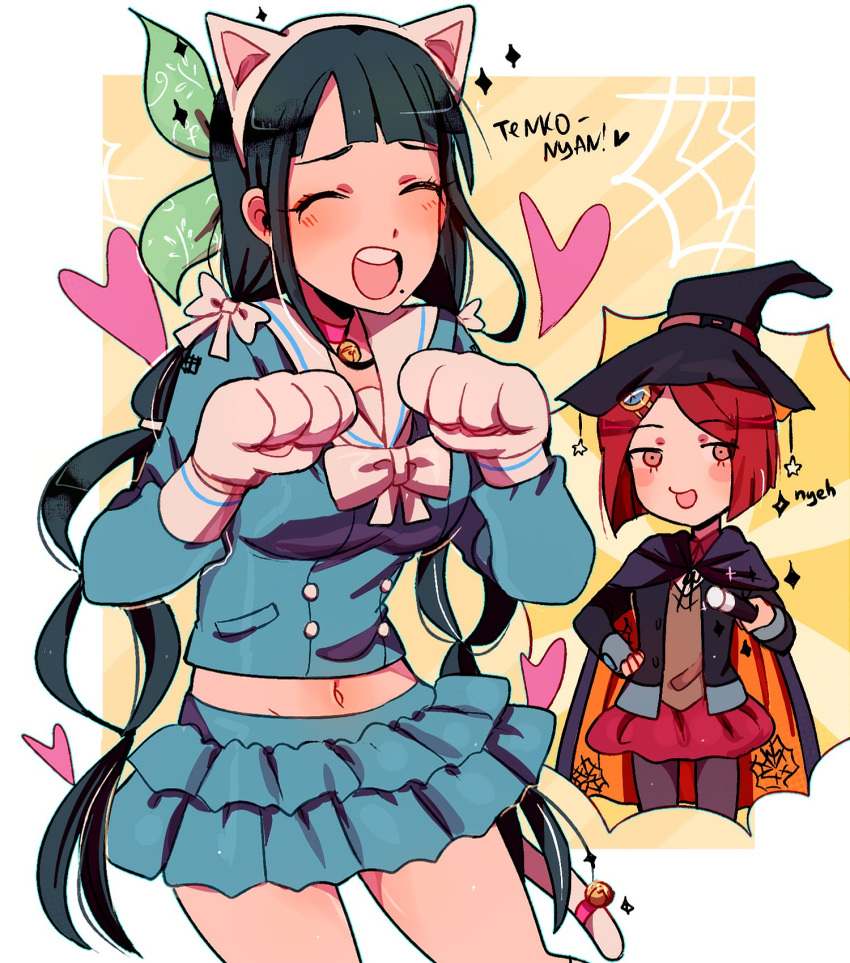 2girls :d animal_ears bangs bell bell_choker black_cape black_hair black_hat black_jacket black_pants black_ribbon blue_shirt blue_skirt blush bow breasts buttons cape cat_paws cat_tail chabashira_tenko character_name choker closed_eyes dangan_ronpa eyebrows_visible_through_hair facing_viewer fake_animal_ears gloves hair_bow hairband hat highres huyandere jacket kemonomimi_mode layered_skirt long_hair long_sleeves looking_at_viewer medium_breasts midriff multicolored multicolored_cape multicolored_clothes multiple_girls navel neck_ribbon new_dangan_ronpa_v3 open_eyes open_mouth orange_cape pants paw_gloves paw_pose paws pink_choker pink_eyes pleated_skirt red_skirt redhead ribbon round_teeth school_uniform serafuku shirt short_hair silk skirt smile spider_web standing suit_jacket tail tail_bell teeth twintails two-tone_cape very_long_hair white_bow white_gloves white_hairband white_sailor_collar white_tail witch_hat yumeno_himiko