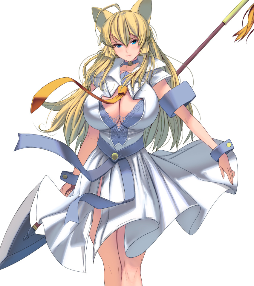 1girl ahoge blonde_hair blue_eyes breasts choker cleavage dress highres huge_ahoge huge_breasts light_smile long_hair looking_at_viewer masao original polearm polearm_behind_back simple_background solo spear standing weapon white_background white_dress