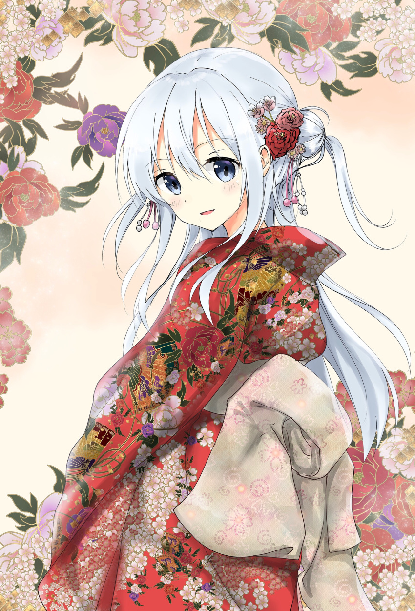1girl absurdres alternate_costume alternate_hairstyle bangs blue_eyes blush commentary_request cowboy_shot eyebrows_visible_through_hair floral_background floral_print flower furisode hair_between_eyes hair_bun hair_flower hair_ornament hibiki_(kantai_collection) highres japanese_clothes kantai_collection kimono long_hair looking_at_viewer looking_back obi open_mouth pink_background sash side_ponytail silver_hair smile solo uzuki_tsukuyo wide_sleeves