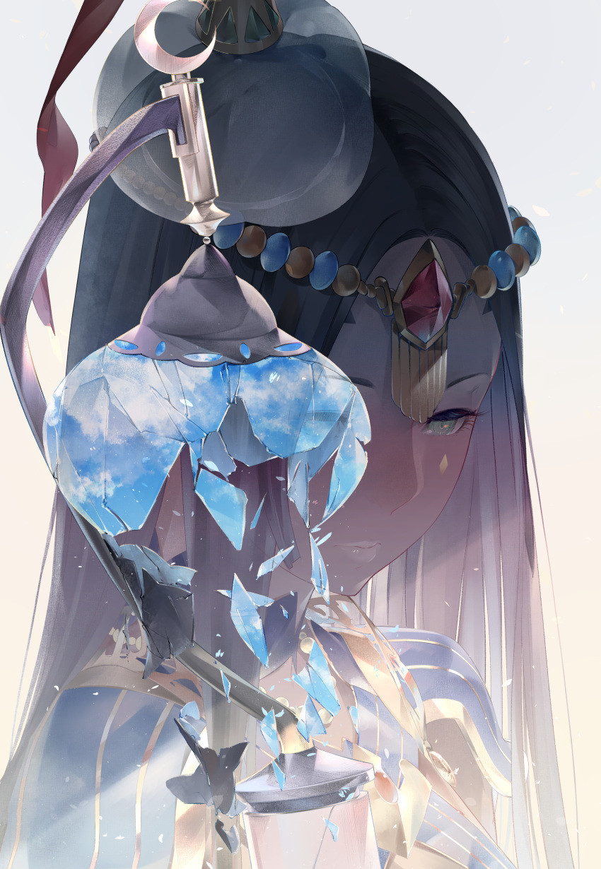 1girl absurdres bangs black_hair broken closed_mouth dark_skin diadem face fate/grand_order fate_(series) gem gradient gradient_background green_eyes grey_background hair_ornament highres lips long_hair parted_bangs pink_lips scheherazade_(fate/grand_order) solo sousou_(sousouworks) spaulders