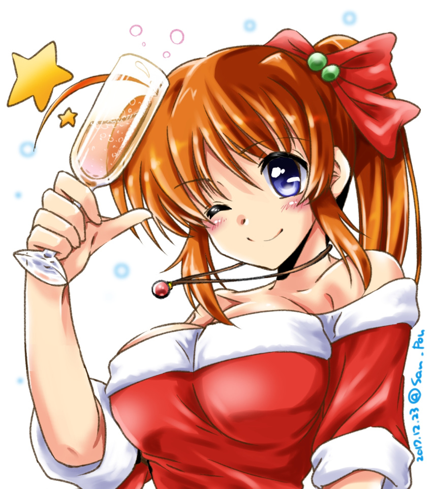 1girl ;) alcohol bangs bare_shoulders blue_eyes breasts brown_hair champagne champagne_flute cleavage cup dasuto dated dress drinking_glass eyebrows_visible_through_hair glass hair_bobbles hair_ornament hair_ribbon highres holding jewelry large_breasts long_hair looking_at_viewer lyrical_nanoha necklace off_shoulder one_eye_closed portrait raising_heart red_dress red_ribbon ribbon santa_costume side_ponytail smile solo star takamachi_nanoha twitter_username vivid_strike!
