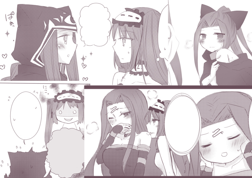 4girls bite_mark blank_speech_bubble closed_eyes comic covering_mouth euryale facial_mark fate/grand_order fate_(series) forehead_mark hairband hand_over_own_mouth hands_on_own_cheeks hands_on_own_face heart imagining licking lolita_hairband looking_at_another medusa_(lancer)_(fate) monochrome multiple_girls multiple_persona one_eye_closed open_mouth rider sample siblings sisters sparkle speech_bubble stheno sui_(camellia) sweat yuri