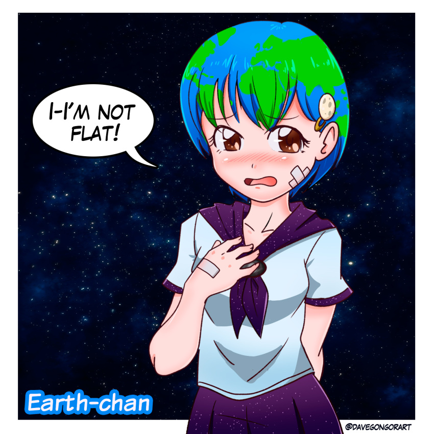 1girl bandaid blush brown_eyes commentary earth-chan_(felipecunhaeloi) english hair_ornament hairpin hand_on_own_chest highres multicolored_hair original personification school_uniform short_hair solo space star starry_background twitter_username wavy_mouth