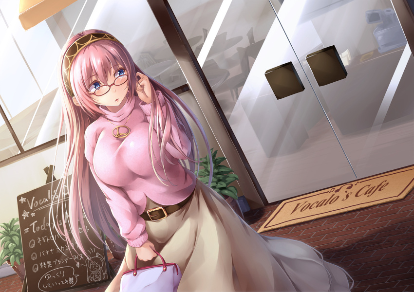1girl bag beige_skirt belt bespectacled bit_(keikou_syrup) blue_eyes breasts casual glasses hairband jewelry large_breasts long_hair long_sleeves looking_to_the_side megurine_luka necklace outdoors pink_hair pink_sweater red_glasses solo sweater turtleneck turtleneck_sweater vocaloid