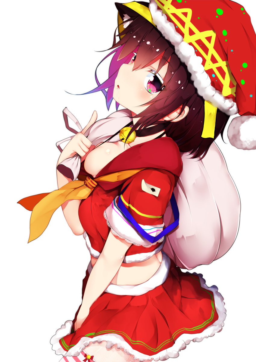 1girl absurdres blush breasts brown_hair cleavage eyebrows_visible_through_hair hat highres holding_sack huaimeng large_breasts looking_at_viewer multicolored_hair original parted_lips pink_eyes pink_hair red_hat red_skirt sack santa_costume santa_hat short_hair skirt solo thigh-highs transparent_background two-tone_hair white_legwear