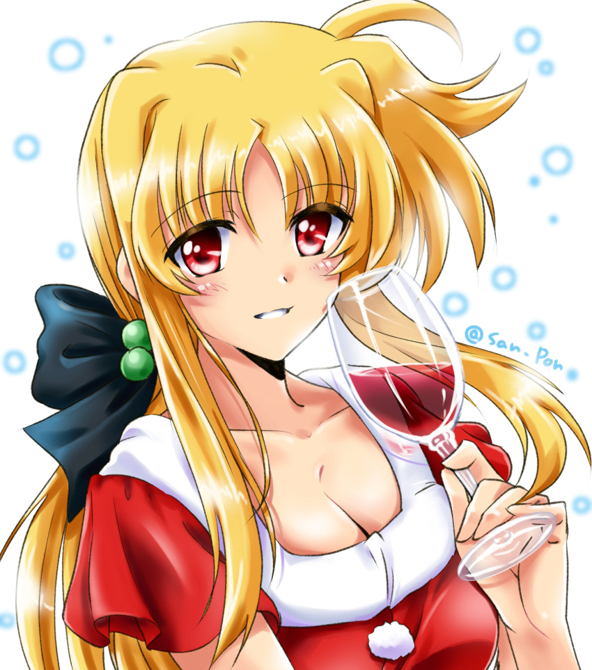 1girl alcohol bangs black_bow blonde_hair bow breasts cleavage cup dasuto dated dress drinking_glass eyebrows_visible_through_hair fate_testarossa grin hair_bobbles hair_bow hair_ornament highres holding long_hair looking_at_viewer lyrical_nanoha medium_breasts portrait red_dress red_eyes santa_costume smile solo twitter_username vivid_strike! wine wine_glass