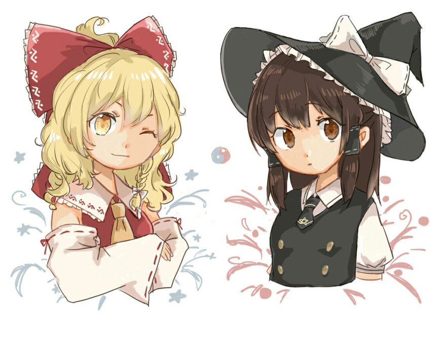 2girls :o ;) blonde_hair blouse bow braid breasts brown_eyes brown_hair buttons collared_shirt cosplay costume_switch detached_sleeves frilled_shirt_collar frills hair_bow hair_ribbon hair_tubes hakurei_reimu half_updo hat kirisame_marisa large_bow long_sleeves looking_at_viewer medium_hair messy_hair mini_necktie multiple_girls necktie one_eye_closed ovo puffy_short_sleeves puffy_sleeves ribbon ribbon-trimmed_sleeves ribbon_trim shirt short_sleeves side_braid single_braid small_breasts smile star straight_hair touhou vest wavy_hair wide_sleeves witch_hat yellow_eyes yin_yang