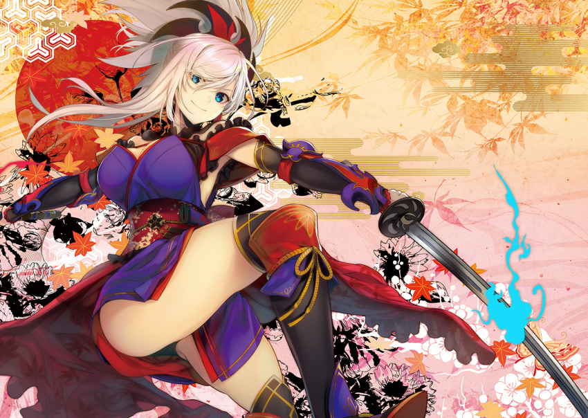 1girl asymmetrical_hair autumn_leaves black_legwear black_panties blue_eyes blue_kimono breasts cleavage detached_sleeves dual_wielding earrings fate/grand_order fate_(series) hair_ornament holding holding_sword holding_weapon japanese_clothes jewelry katana kimono large_breasts leaf_print magatama maple_leaf_print miyamoto_musashi_(fate/grand_order) obi panties pantyshot pink_hair ponytail purple_kimono sandals sash sheath sheathed short_kimono sleeveless sleeveless_kimono solo sword thigh-highs underwear unsheathed weapon wide_sleeves yuunagi_(seventh_heaven)