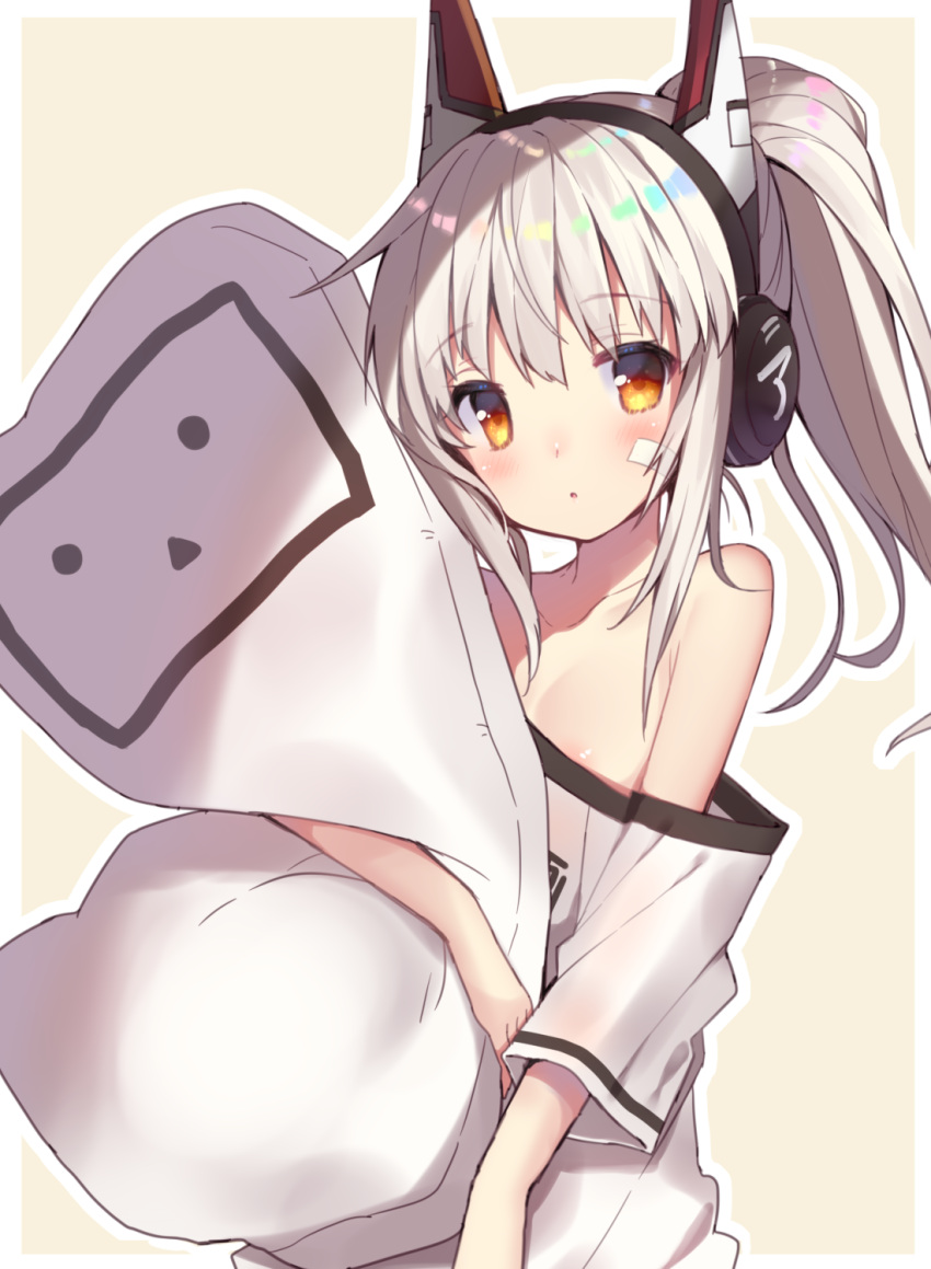 1girl :o animal_ears ayanami_(kantai_collection) azur_lane bare_shoulders blush collarbone commentary_request headphones high_ponytail highres light_brown_hair long_hair looking_at_viewer niconico off-shoulder_shirt orange_eyes parted_lips pillow pillow_hug ponytail shirt short_sleeves solo terebi-chan usamata white_shirt