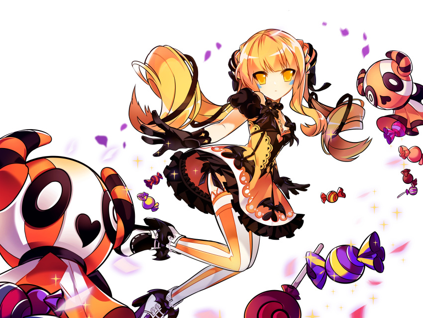 1girl alternate_costume alternate_hair_color black_bow black_gloves blonde_hair bow candy closed_mouth cropped_feet dress elsword eve_(elsword) expressionless food ghost gloves halloween highres lollipop long_hair looking_at_viewer no_nose official_art orange_dress ress shoes solo striped striped_legwear thigh-highs twintails vertical-striped_legwear vertical_stripes yellow_eyes