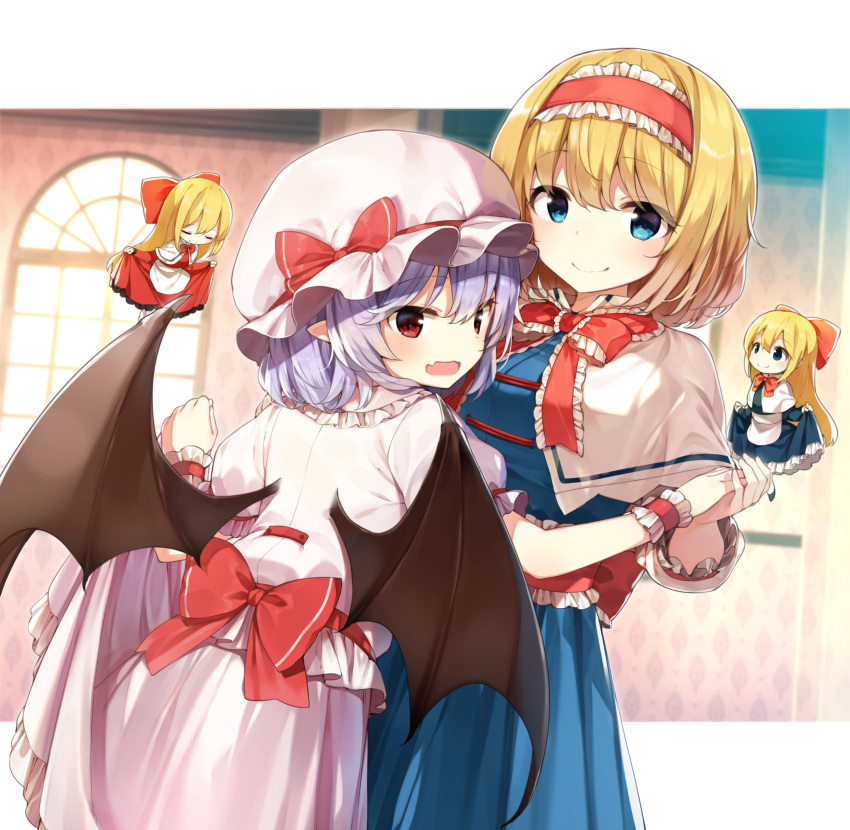4girls absurdres alice_margatroid bangs bat_wings black_wings blonde_hair blue_eyes blush bow bowtie capelet closed_eyes closed_mouth eyebrows_visible_through_hair hair_bow hairband hand_holding hat hat_bow highres hourai_doll long_hair looking_at_viewer mob_cap multiple_girls open_mouth pink_hat pointy_ears purple_hair red_bow red_eyes red_neckwear remilia_scarlet shanghai_doll shinoba short_hair short_sleeves skirt skirt_hold smile touhou white_legwear window wings