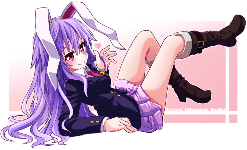 1girl animal_ears arm_support blazer blush boots breasts character_name collared_shirt floppy_ears heart highres jacket knee_boots leaning_back long_hair looking_at_viewer lying medium_breasts miniskirt necktie purple_hair rabbit_ears red_eyes reisen_udongein_inaba shirt skirt smile solo tanakara touhou