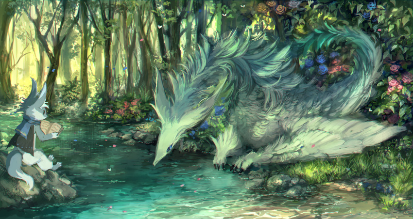 1boy animal_ears barefoot blue_rose blue_scarf book capelet day dragon fantasy flower forest furry grass highres holding holding_book nature no_humans open_book original outdoors pants pink_rose pippi_(pixiv_1922055) reading river rose scarf sitting tail water_surface white_pants