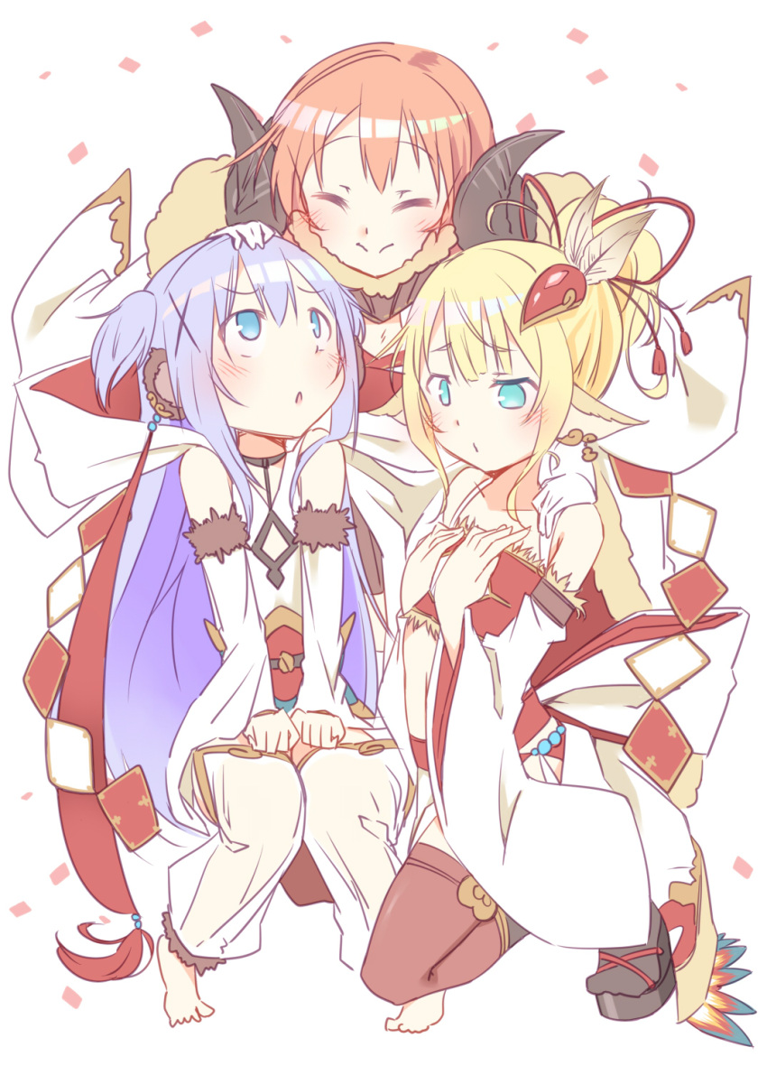 3girls aqua_eyes bangs barefoot blonde_hair blue_eyes blunt_bangs character_request closed_eyes closed_mouth commentary_request confetti cosplay detached_sleeves dress eyebrows_visible_through_hair flat_chest gochuumon_wa_usagi_desu_ka? granblue_fantasy hair_between_eyes hair_ornament hair_ribbon hairclip hand_on_another's_head hand_on_another's_shoulder hands_on_own_chest hetareeji highres horns hoto_cocoa kafuu_chino kirima_sharo light_blue_hair long_hair looking_at_another looking_down multiple_girls open_mouth orange_hair ponytail red_ribbon red_shirt ribbon sandals shirt short_hair sitting smile strapless tubetop twintails white_background white_dress x_hair_ornament