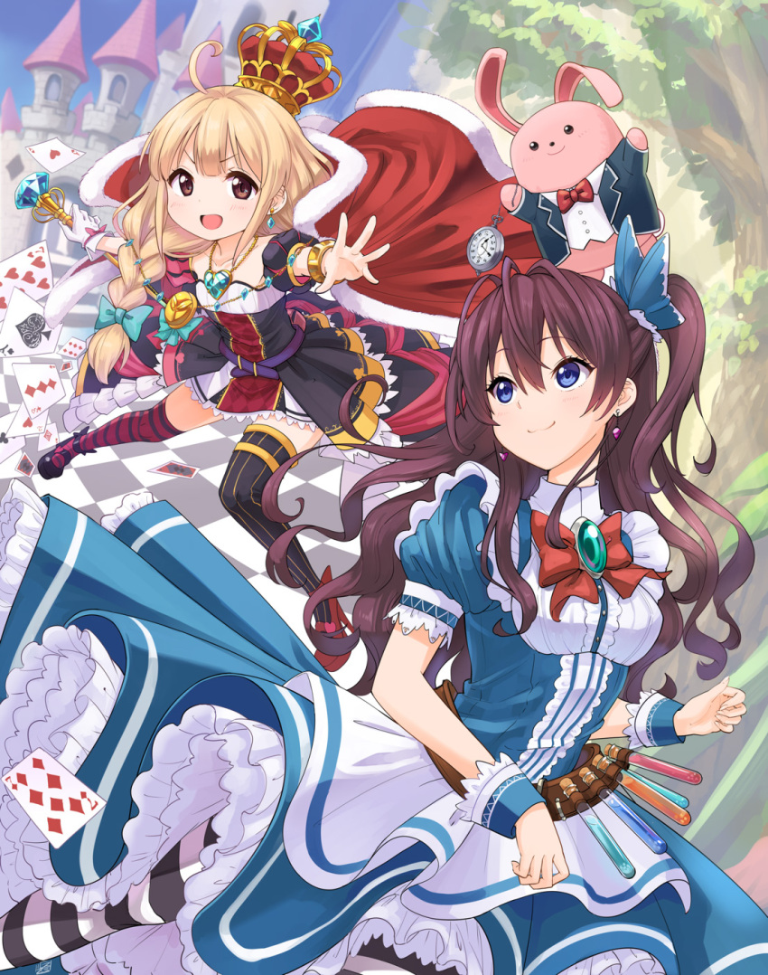 &gt;:d 2girls alice_(wonderland) alice_(wonderland)_(cosplay) alice_in_wonderland apron black_legwear blue_dress blue_eyes blush bow bracelet braid brooch brown_hair card castle checkered checkered_floor cloak collarbone commentary_request cosplay crown dress earrings fur_trim futaba_anzu gloves hair_bow heart_pendant high_heels highres ichinose_shiki idolmaster idolmaster_cinderella_girls jewelry long_hair looking_at_viewer mismatched_footwear multiple_girls necklace pantyhose playing_card pocket_watch queen_of_hearts queen_of_hearts_(cosplay) short_sleeves single_glove smile smirs striped striped_legwear stuffed_animal stuffed_bunny stuffed_toy test_tube thigh-highs tree vertical-striped_legwear vertical_stripes waist_apron watch wavy_hair white_gloves white_rabbit white_rabbit_(cosplay) wrist_cuffs zettai_ryouiki