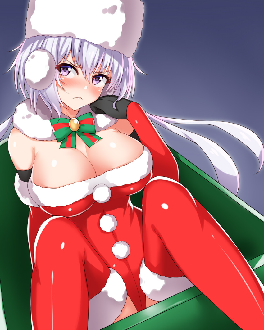 1girl bare_shoulders blush breasts chair christmas cleavage collarbone commentary_request dutch_angle earmuffs etan14 fur_trim gloves hat highres large_breasts lavender_hair leotard long_hair looking_at_viewer low-tied_long_hair red_legwear red_leotard senki_zesshou_symphogear shiny shiny_clothes shiny_hair shiny_skin sitting solo thigh-highs twintails violet_eyes yukine_chris