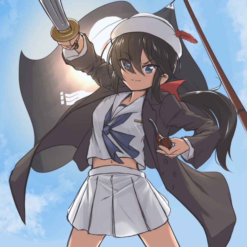 1girl akatsuki_no_akatsuki arm_up bangs black_jacket blouse blue_neckwear closed_mouth clouds cloudy_sky commentary cowboy_shot dark_skin dixie_cup_hat eyebrows_visible_through_hair eyes_visible_through_hair feathers flag girls_und_panzer hat highres holding jacket long_hair long_sleeves looking_at_viewer military_hat miniskirt navel neckerchief ogin_(girls_und_panzer) pipe pleated_skirt skirt skull_and_crossbones sky smirk solo standing sword weapon white_blouse white_skirt