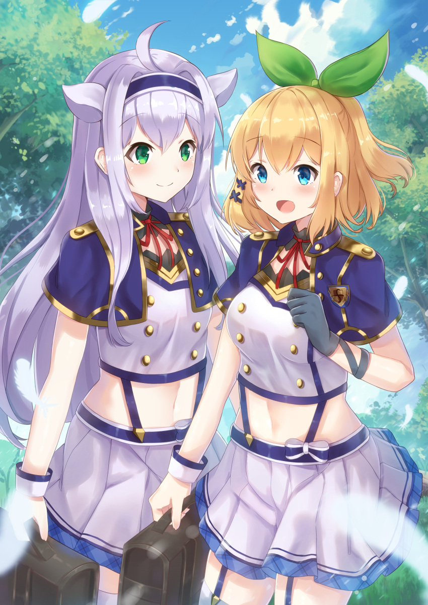 2girls :d absurdres alzano_school_uniform bangs blonde_hair blue_capelet blue_eyes blue_hairband blue_sky blurry blush bow breasts capelet closed_mouth clouds commentary_request cowboy_shot crop_top day depth_of_field double-breasted eyebrows_visible_through_hair falling_feathers feathers garter_straps gloves grass green_bow green_eyes grey_gloves hair_between_eyes hair_bow hair_ornament hairband hairclip half_updo hand_up highres holding_briefcase holmemee long_hair looking_at_another medium_breasts medium_hair medium_skirt midriff multiple_girls navel neck_ribbon open_mouth outdoors pleated_skirt red_ribbon ribbon rokudenashi_majutsu_koushi_to_akashic_record rumia_tingel school_briefcase school_uniform shiny shiny_hair sidelocks silver_hair single_glove single_wrist_cuff sistine_fiber skirt sky smile standing stomach suspender_skirt suspenders thigh-highs tree white_feathers white_legwear white_skirt wrist_cuffs zettai_ryouiki