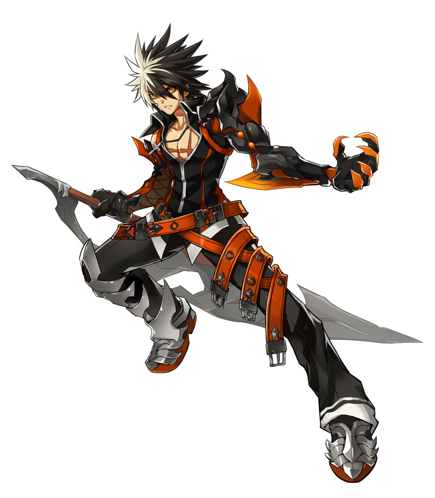 1boy artist_request belt black_gloves black_hair black_pants black_shirt claws cross cross_necklace elsword full_body gloves highres holding holding_sword holding_weapon jewelry looking_at_viewer male_focus mechanical_arm multicolored_hair necklace official_art orange_eyes pants raven_(elsword) reckless_fist_(elsword) reverse_grip scar shirt shoes solo spiky_hair sword two-tone_hair weapon white_hair