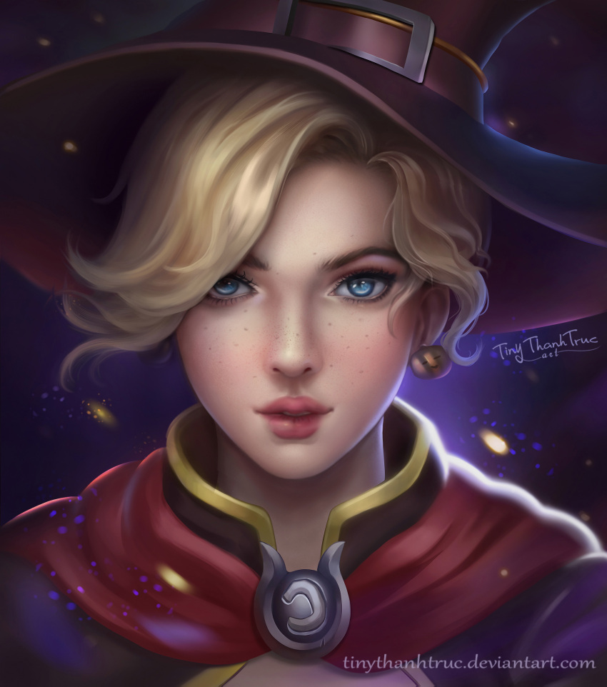 1girl alternate_costume artist_name bangs blonde_hair blue_eyes buckle deviantart_username earrings eyelashes food_themed_earrings freckles hat hat_belt highres jewelry lips looking_at_viewer mercy_(overwatch) nose overwatch parted_lips portrait pumpkin_earrings short_hair solo swept_bangs tiny_thanh_truc watermark web_address witch_hat witch_mercy