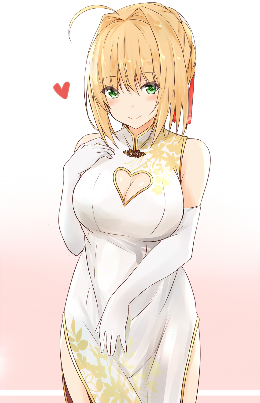 1girl absurdres ahoge alternate_costume bangs blonde_hair blush breasts china_dress chinese_clothes cleavage cleavage_cutout closed_mouth cowboy_shot dress elbow_gloves eyebrows_visible_through_hair fate/extra fate_(series) floral_print gloves gradient gradient_background green_eyes hair_between_eyes hair_intakes hair_ribbon hand_on_own_chest heart heart-shaped_pupils heart_cutout highres large_breasts looking_at_viewer nero_claudius_(fate) nero_claudius_(fate)_(all) pink_background print_dress red_ribbon ribbon saku_(kudrove) short_hair sleeveless sleeveless_dress smile solo standing symbol-shaped_pupils tareme white_dress white_gloves